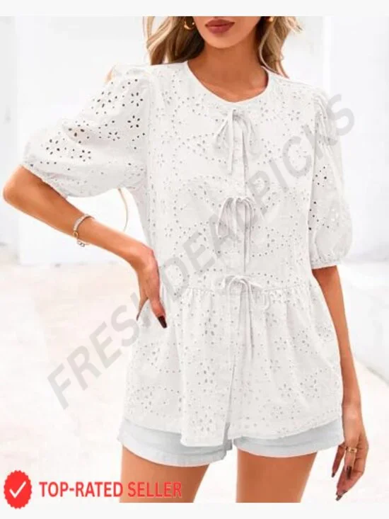 Peplum Eyelet Tie Front Blouse Lantern Sleeve Y2K Lace Babydoll Top - Picture 6 of 7